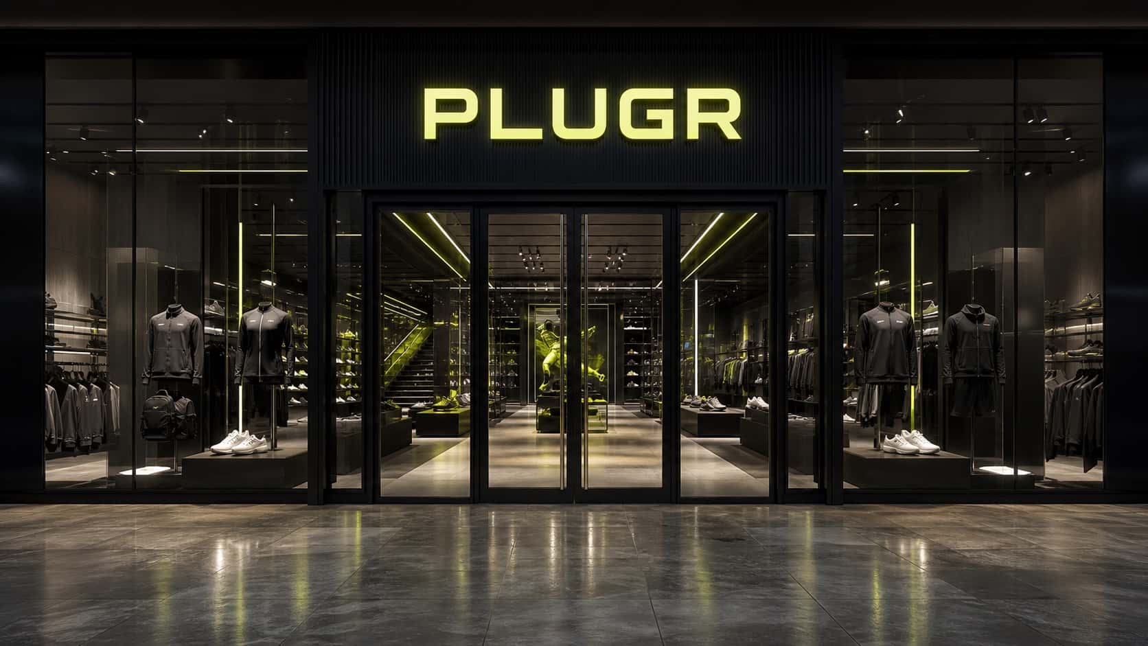 Plugr athletic store entrance in a modern shopping mall